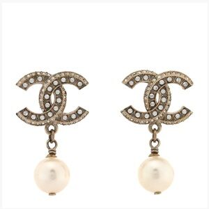 Chanel Crystal Timeless CC Pearl Drop Earrings Light Gold